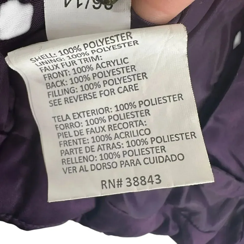 Rothschild Winter Coat Girls Purple Faux Fur Hooded Peplum Puffer Ruffle Size S